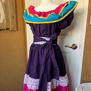 Vintage 70s 80 Spanish hacienda dress skirt top set colorful day of the dead